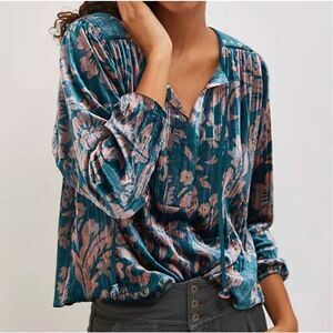 Anthropologie Faustine Velvet Floral Peasant Blouse Women’s Size XS Front Tie